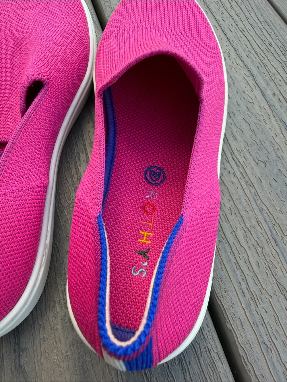 Rothy's Kids Slip-On Sneakers in Bright Pink with Blue Trim - Picture 3 of 6